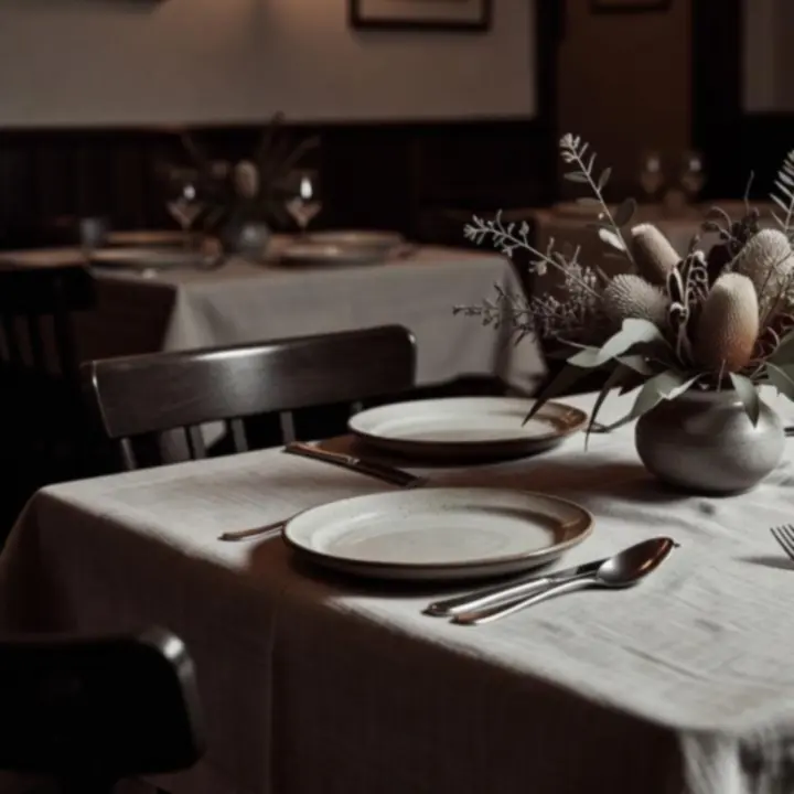 Cherry-wood dinner table laid with plates, linen and stemware in a soft coastal light.