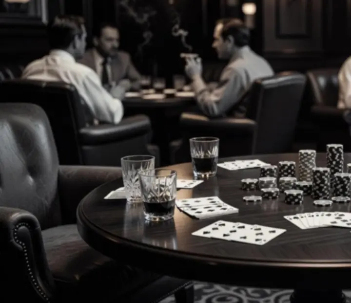 Poker table thoughtfully set with non-financial chips, cards and side plates.
