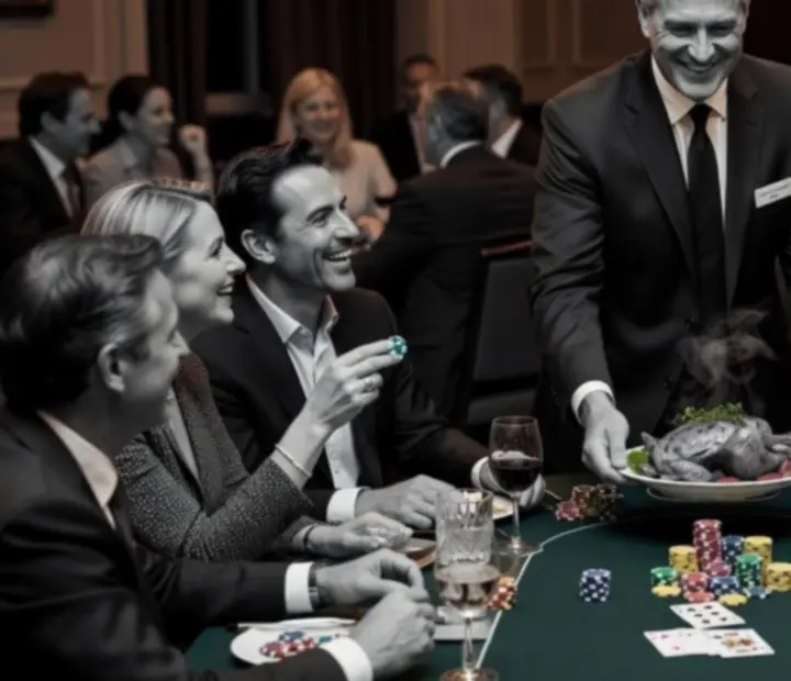 Host assisting guests during an evening of dinner and offline poker at MARCIN SUCHODOLSKI JULK MAR.