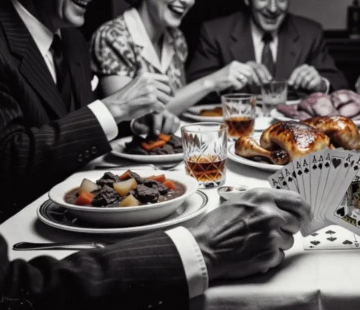 Halftone collage of full tables, playing hands and shared coastal dinners