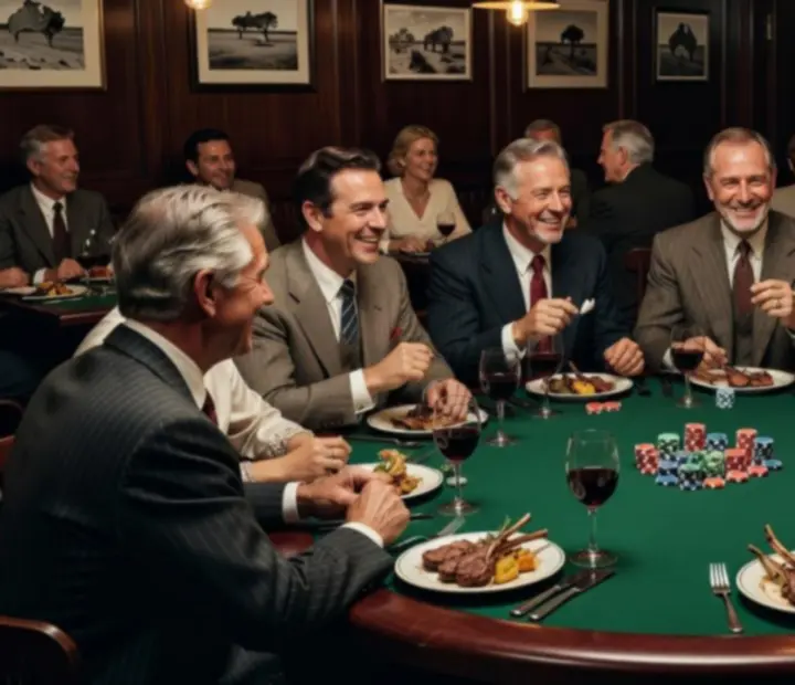 Hands arranging non-financial poker chips on a linen-covered table