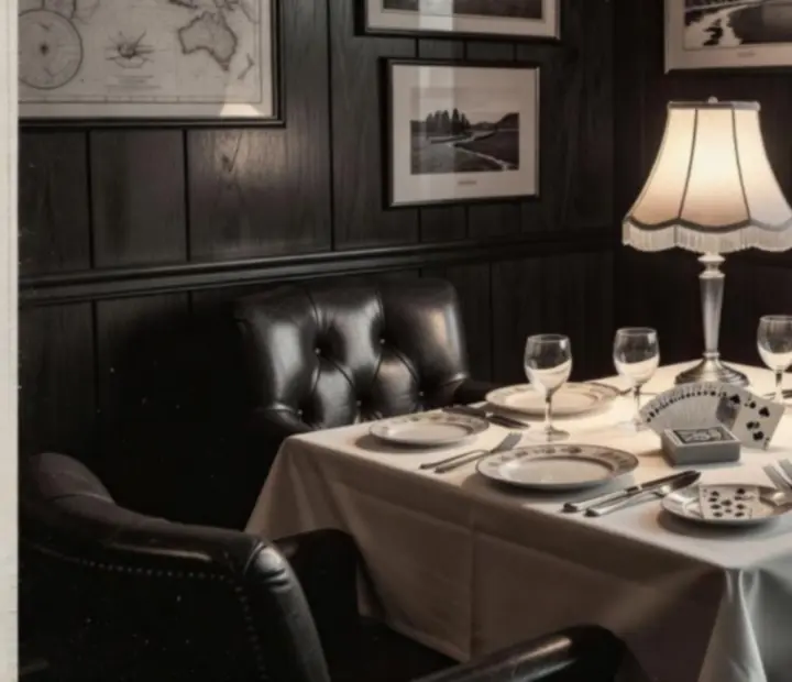 A coastal restaurant table set for an evening card room gathering