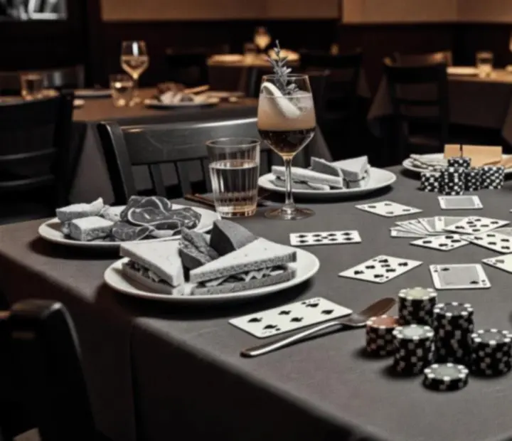Card table mid-evening, neatly set with non-financial chips, cards and shared supper platters.