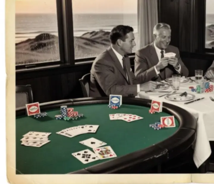 A halftone view of the MARCIN SUCHODOLSKI JULK MAR card lounge, with guests gathering around a felt-topped table.