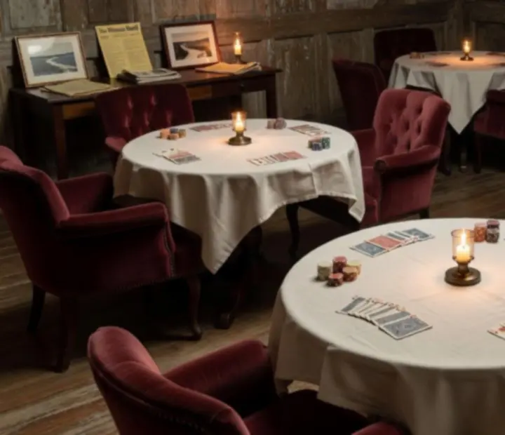 Dimly lit private card lounge with vintage table settings